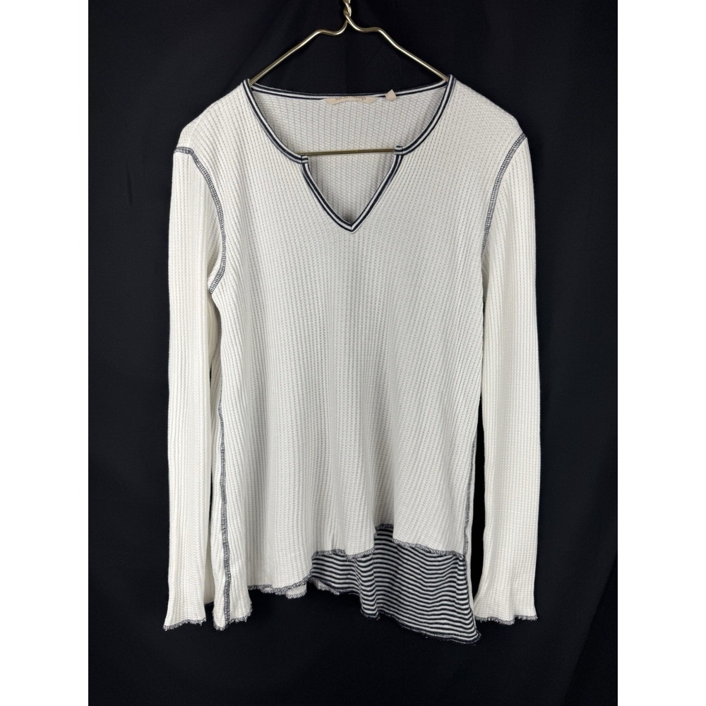 Soft Surroundings Large L Cream Navy Waffle Knit Striped V-Neck Split Hem Top
